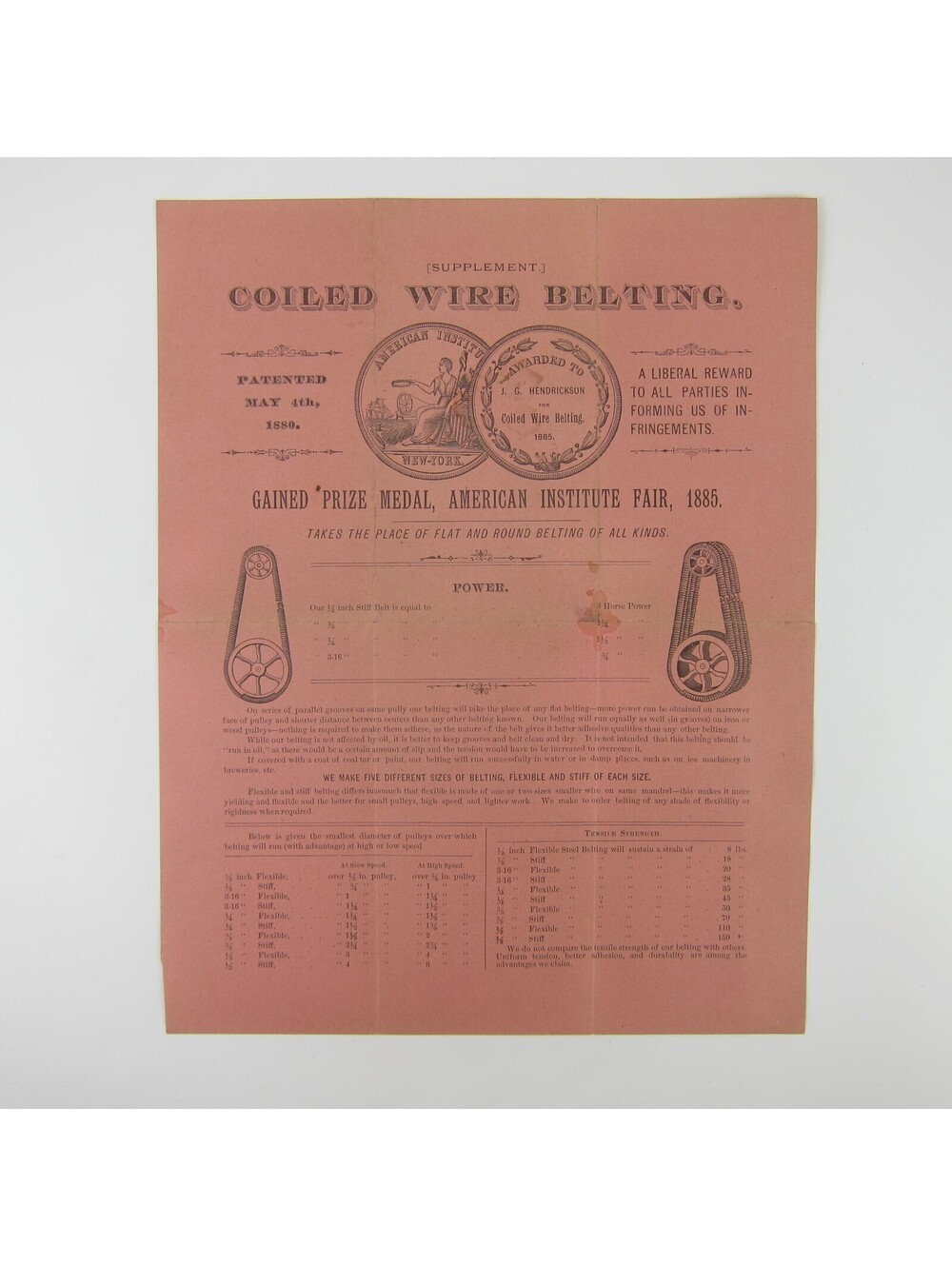 JG Hendrickson Coiled Wire Belting Co NY Print Ad American Institute Fair 1885